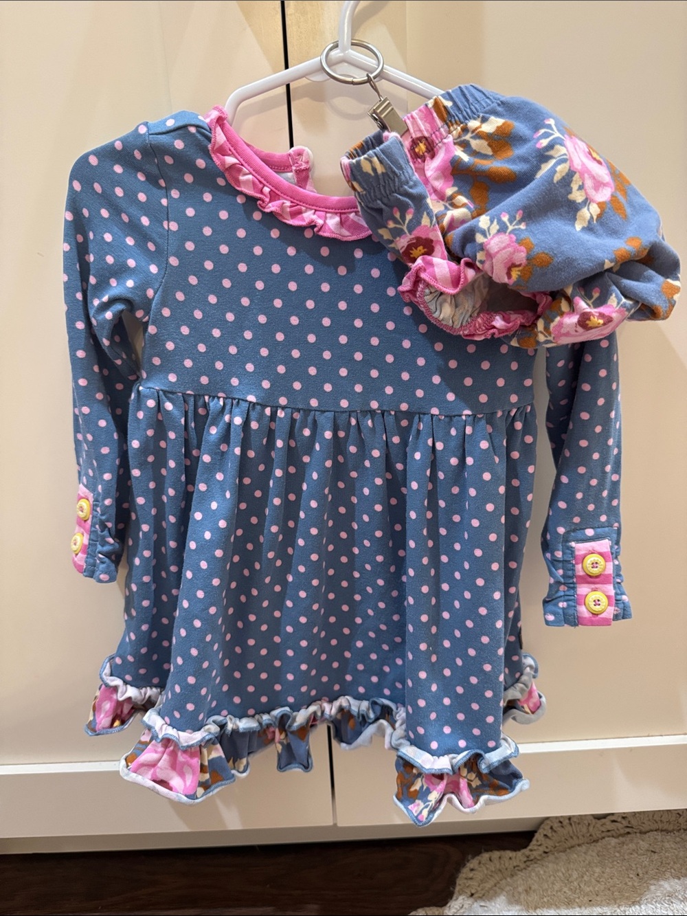 Matilda Jane Blue Dress with Pink Polka Dots and Pink Ruffle